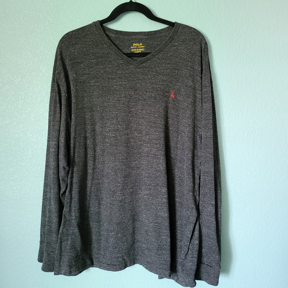 Men's Polo Ralph Lauren Heathered Gray Long Sleeve V- Neck Tee XL 100% Cotton